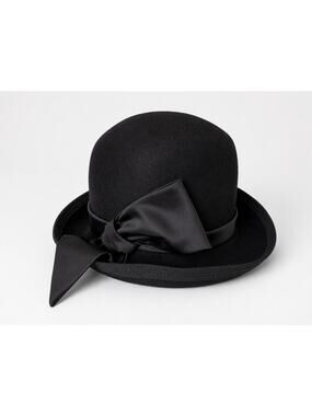 Vintage Miss Eileen Black Felt Bowler Hat Satin Bow Cloche Derby Womens Channel effortless Jackie-O-inspired elegance with this  main image 4